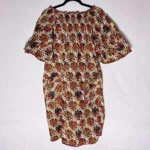 Handmade Cream Red Orange Floral Print Off Shoulder African Ankara Mini Dress M